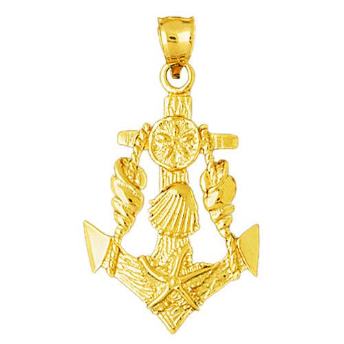 14K Gold Ship Anchor with Seashells Accent Pendant