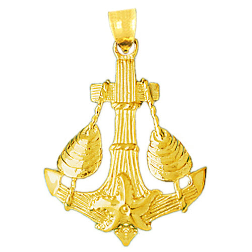 14K Gold Seashells and Ship Anchor Pendant