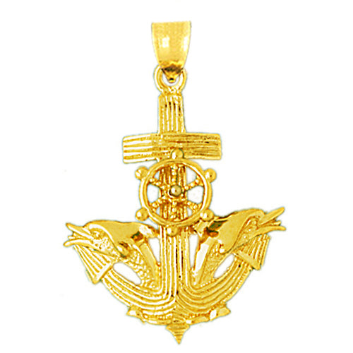 14K Gold Moveable Wheel, Dolphins and Anchor Pendant