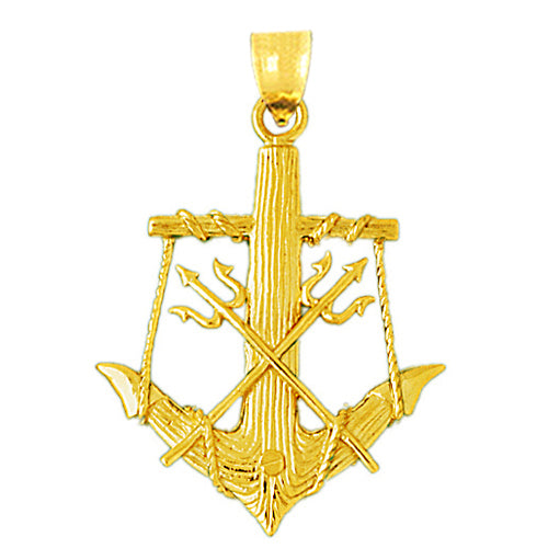 14K Gold 3D Anchor and Tridents Pendant