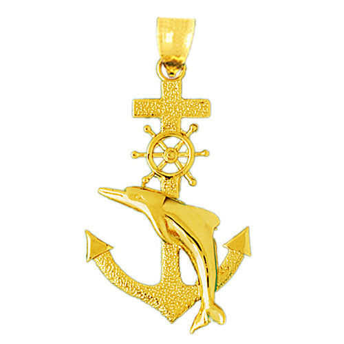 14K Gold Ship Wheel, Anchor and Dolphin Pendant