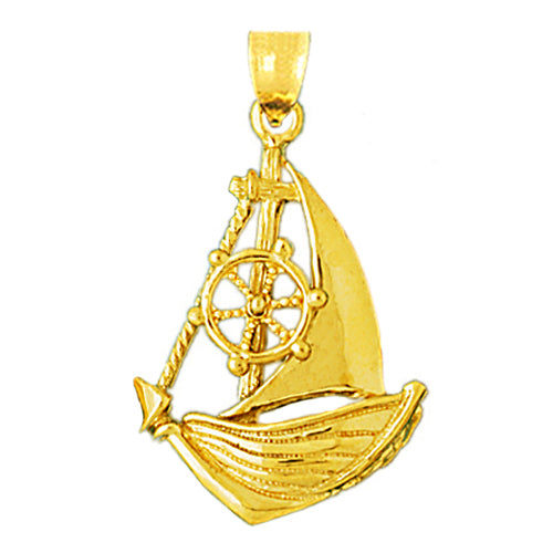 14K Gold Catboat with Ship Wheel Pendant