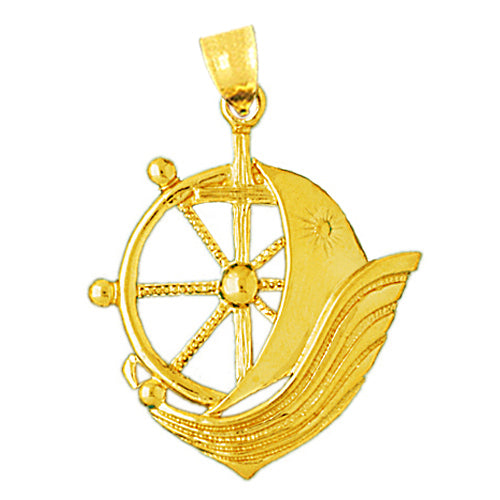 14K Gold Ship Wheel Catboat Pendant