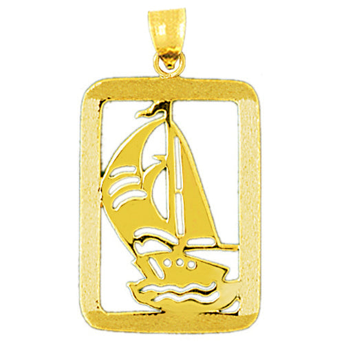 14K Gold Sailboat Pendant with Rectangle Frame