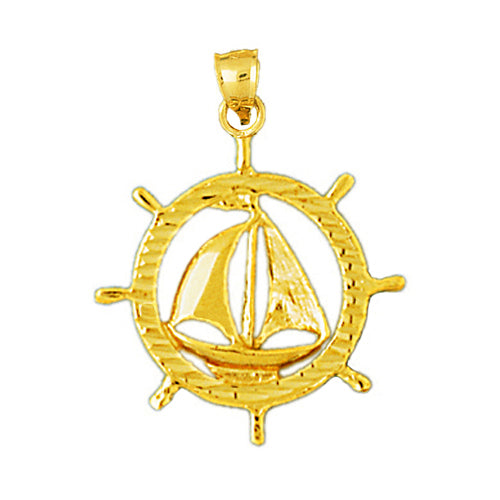 14K Gold Sailboat In Ship Wheel Pendant