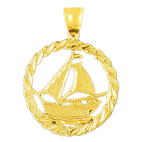 14K Gold Sailboat In Rope Frame Ship Wheel Pendant