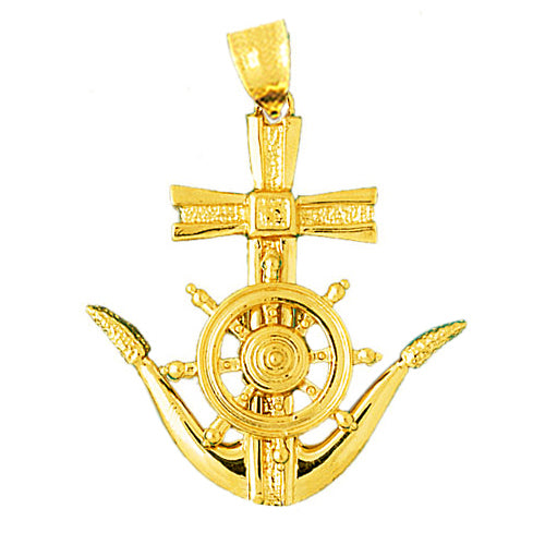 14K Gold Ship Wheel and Anchor Nautical Pendant