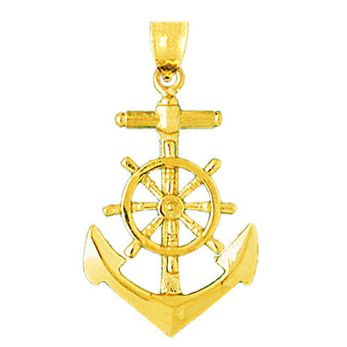 14K Gold 28MM Ship Wheel and Anchor Pendant