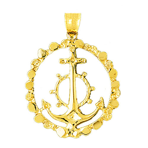 14K Gold Ship Wheel and Anchor Pendant Encircled