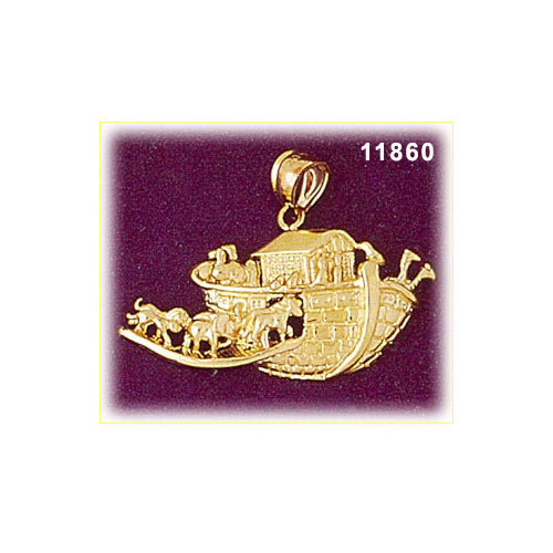 14K Gold 38MM Noah&#39;s Ark with Animals Pendant