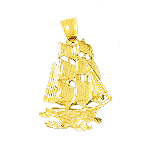 14K Gold Sailing Ship At Sea Pendant