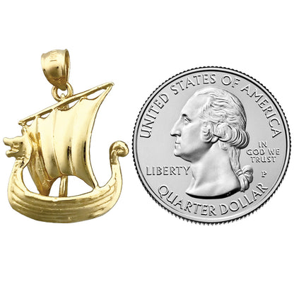 14K Gold 3D Viking Sail Ship Pendant