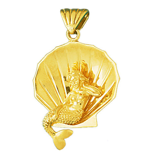 14K Gold 3D Mermaid Sitting In Seashell Pendant