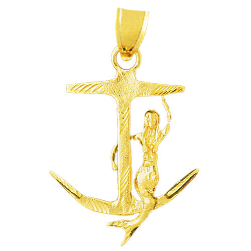 14K Gold 3D Mermaid Sitting On Anchor Pendant