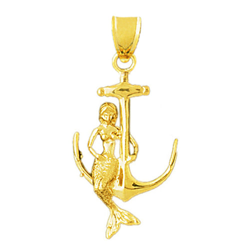 14K Gold 3-D Mermaid Sitting On Anchor Pendant