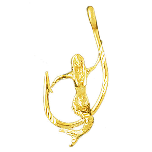 14K Gold Mermaid Sitting On Fish Hook Pendant