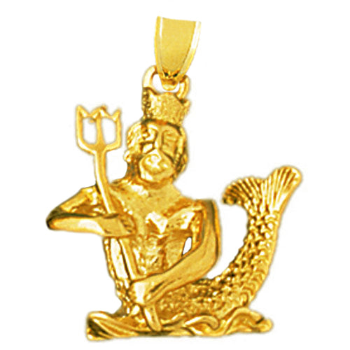 14K Gold 3D Merman with A Trident Pendant