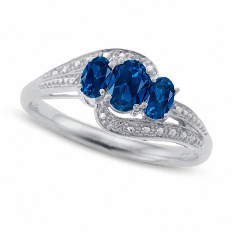 Solid 10K White Gold Oval Lab-Created Blue Sapphire Three Stone Ring with Diamond Accents