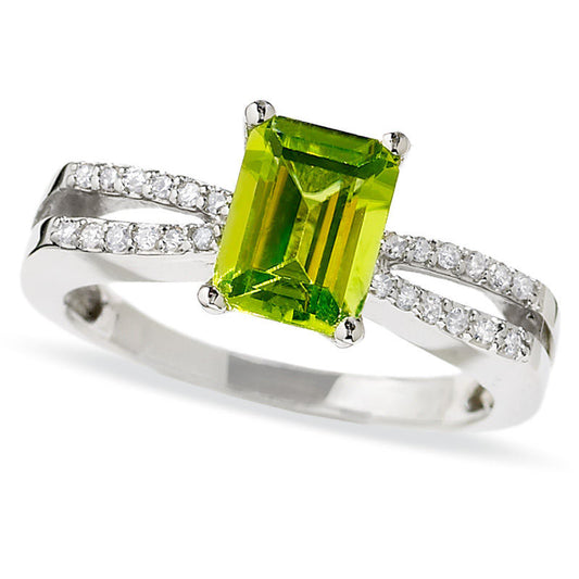 Emerald-Cut Peridot Ring in Solid 10K White Gold with Natural Diamond Accents