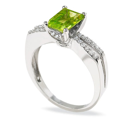 Emerald-Cut Peridot Ring in Solid 10K White Gold with Natural Diamond Accents