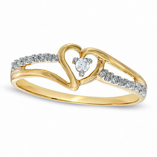 Natural Diamond Accent Heart Split Shank Promise Ring in Solid 10K Yellow Gold