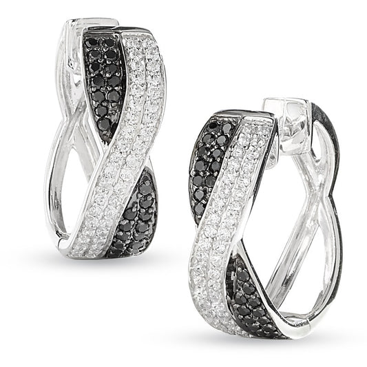0.63 CT. T.W. Enhanced Black and White Diamond Crossover Earrings in 10K White Gold