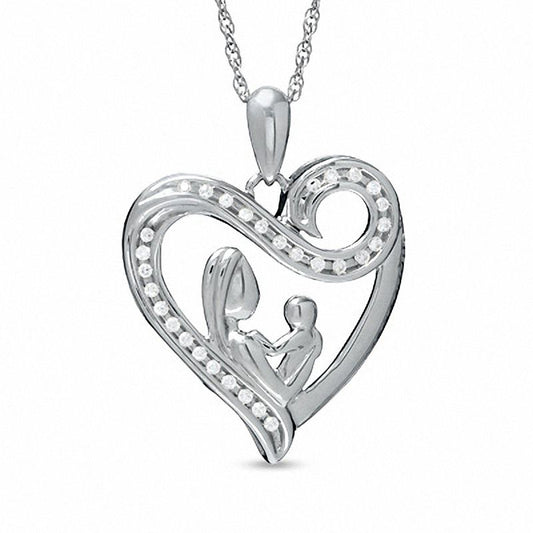 Natural Diamond Accent Motherly Love Swirl Heart Pendant in Sterling Silver