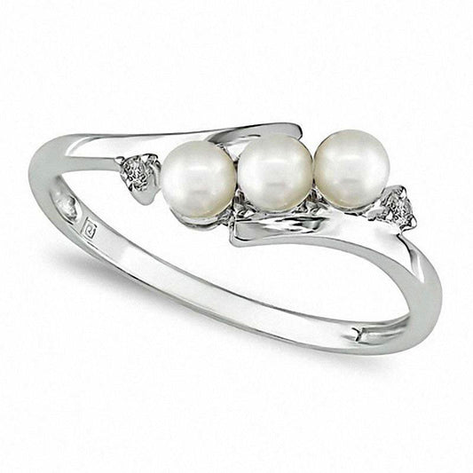 3.0 - 3.5mm Cultured Freshwater Pearl and Natural Diamond Accent Three Stone Bypass Ring in Solid 10K White Gold