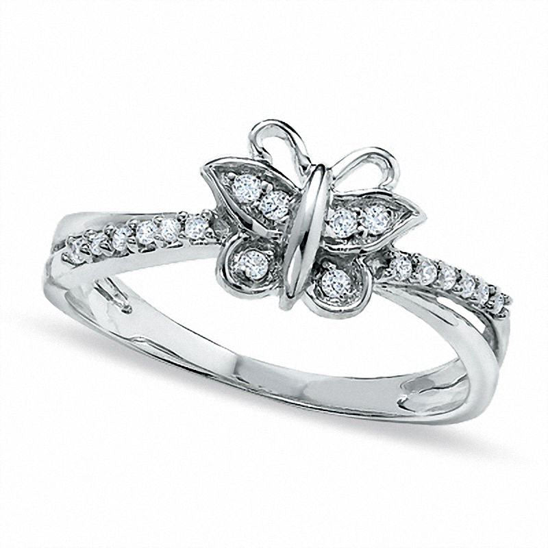 Natural Diamond Accent Butterfly Fashion Ring in Solid 10K White Gold
