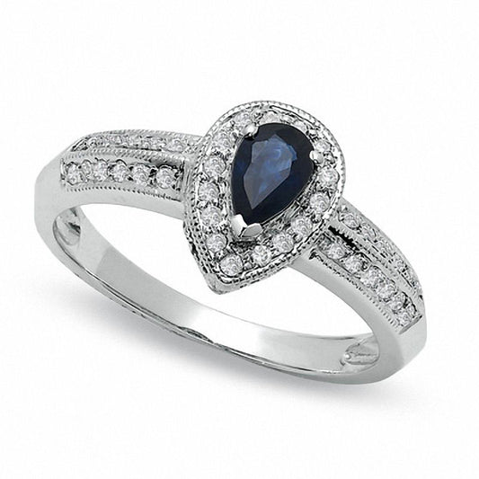 Pear-Shaped Blue Sapphire Antique Vintage-Style Engagement Ring in Solid 10K White Gold with Natural Diamond Accents