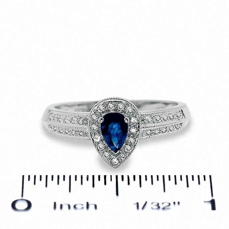 Pear-Shaped Blue Sapphire Antique Vintage-Style Engagement Ring in Solid 10K White Gold with Natural Diamond Accents