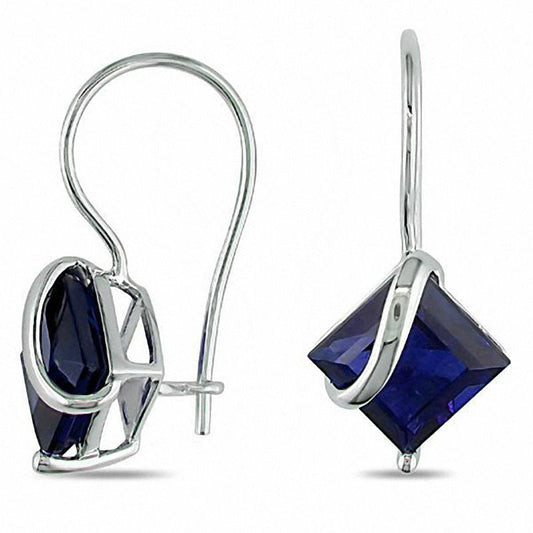 7.0mm Princess-Cut Lab-Created Blue Sapphire Swirl Drop Earrings in 10K White Gold
