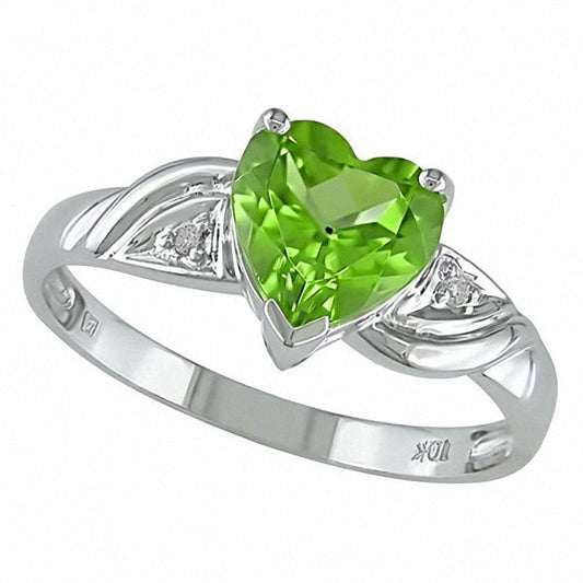 Heart-Shaped Peridot Ring in Solid 10K White Gold with Natural Diamond Accents
