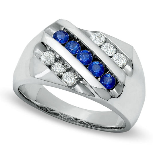 Men's 0.50 CT. T.W. Natural Diamond and Blue Sapphire Slant Band in Solid 14K White Gold