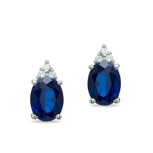 Oval Lab-Created Blue Sapphire and Diamond Top Stud Earrings in 10K White Gold