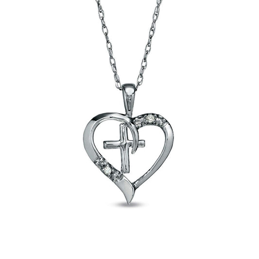 Natural Diamond Accent Heart and Cross Pendant in 10K White Gold