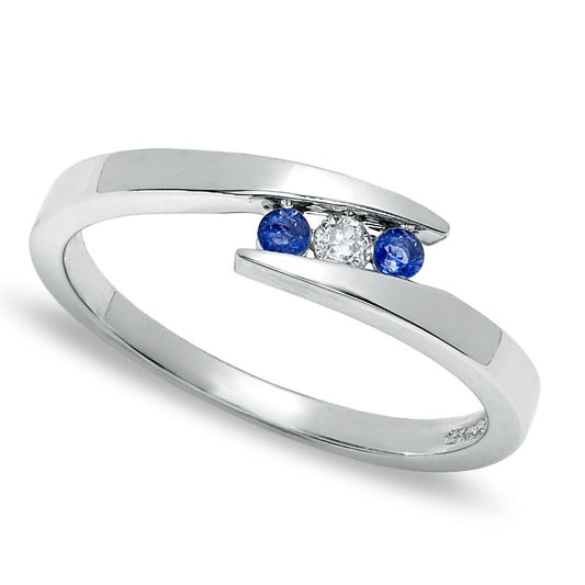 Blue Sapphire and Natural Diamond Accent Three Stone Bypass Ring in Solid 10K White Gold