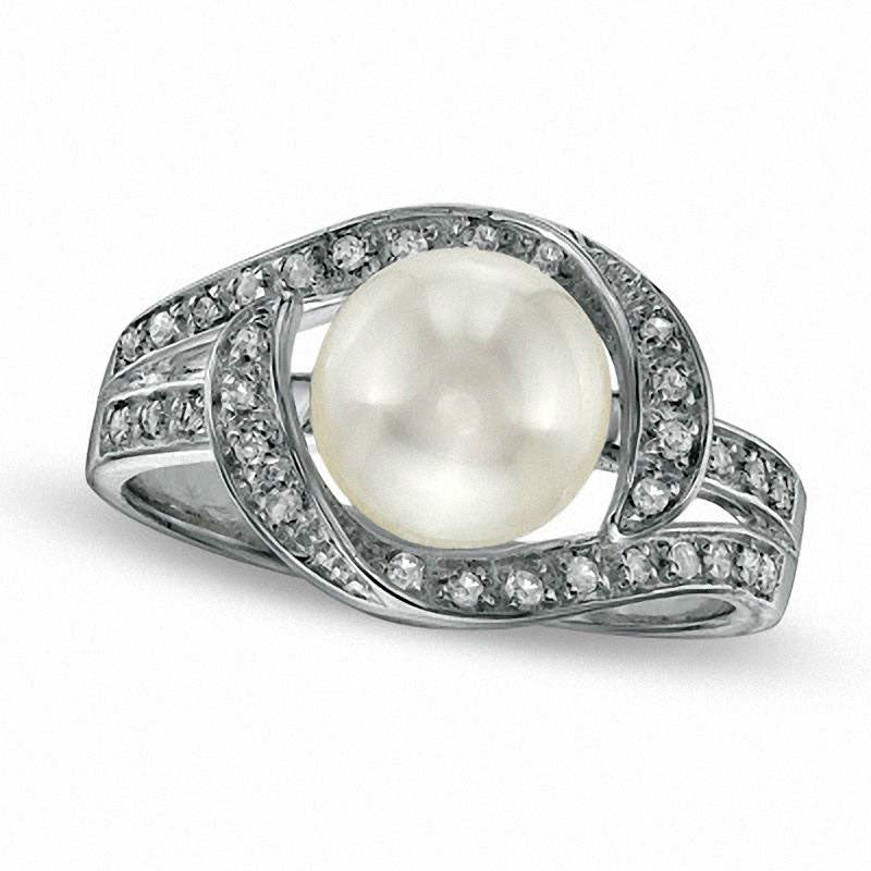 8.0 - 8.5mm Cultured Freshwater Pearl and White Topaz Bypass Ring in Sterling Silver