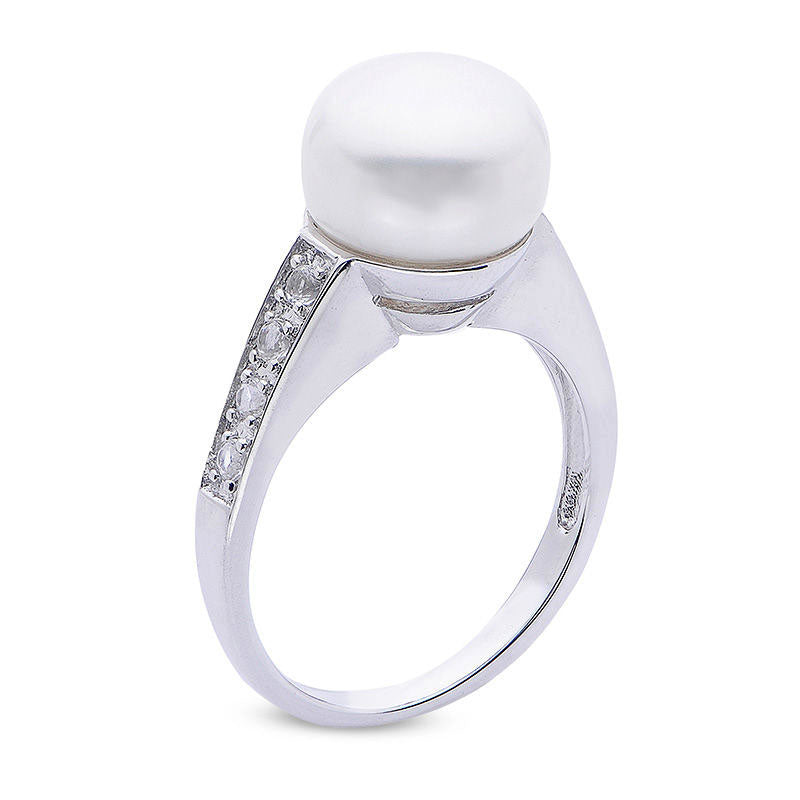 10.0 - 10.5mm Button Cultured Freshwater Pearl and White Topaz Ring in Sterling Silver