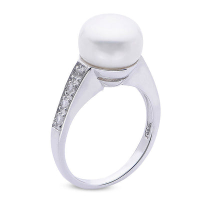 10.0 - 10.5mm Button Cultured Freshwater Pearl and White Topaz Ring in Sterling Silver