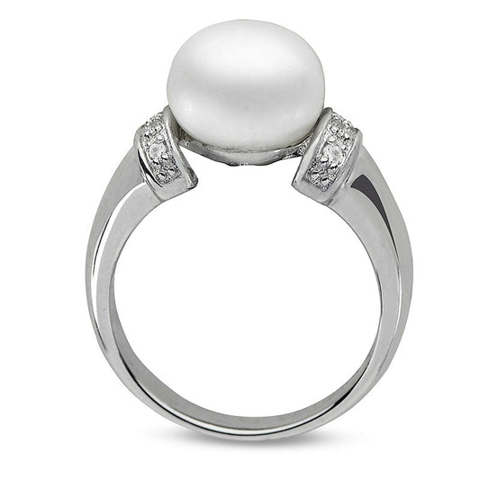 9.0 - 10.0mm Button Cultured Freshwater Pearl and White Topaz Collar Ring in Sterling Silver