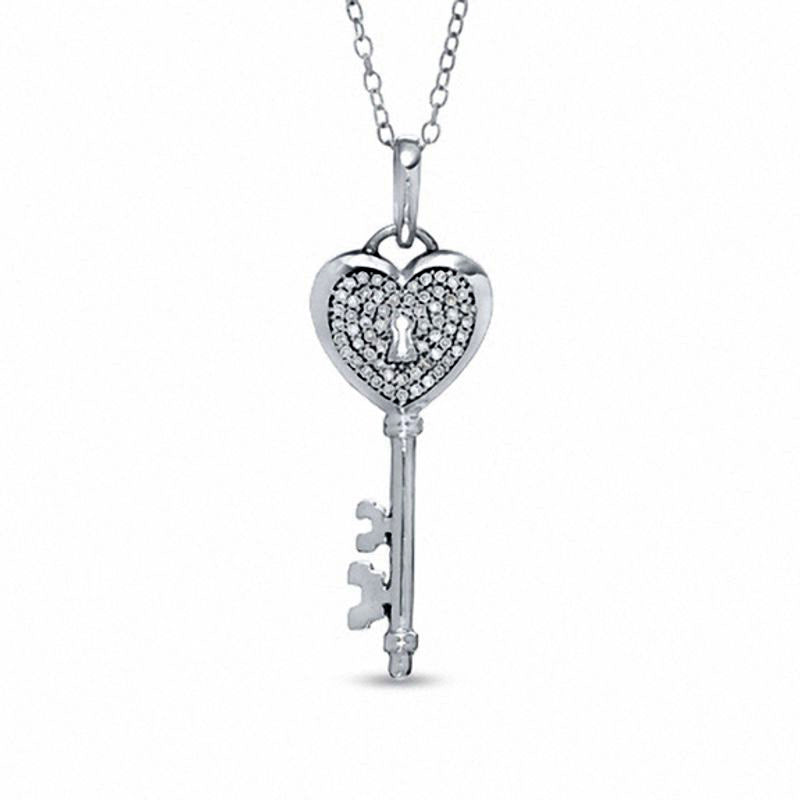 0.17 CT.T.W. Natural Diamond Heart Key Pendant in Sterling Silver