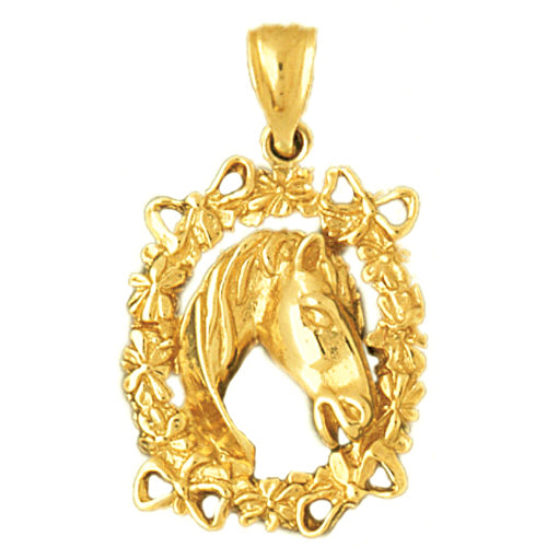14K Gold Horse Head In A Wreath Pendant