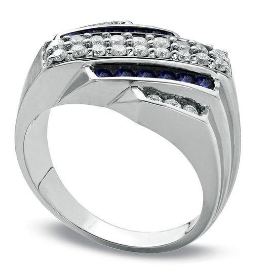 Men's Blue Sapphire and 0.63 CT. T.W. Natural Diamond Slant Ring in Solid 14K White Gold