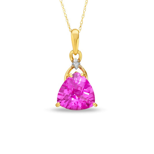 Trillion-Cut Lab-Created Pink Sapphire and Diamond Accent Pendant in 10K Yellow Gold