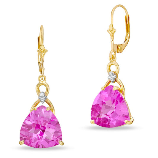 Trillion-Cut Lab-Created Pink Sapphire and Diamond Accent Drop Earrings in 10K Gold