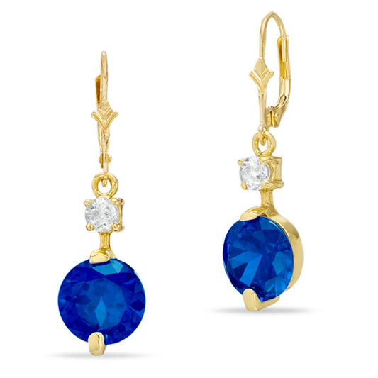 Lab-Created Blue and White Sapphire Drop Earrings in 10K Gold