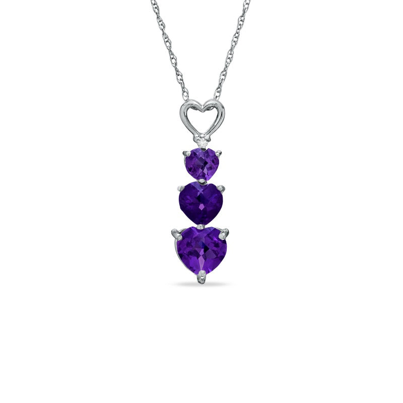 Heart-Shaped Amethyst and Natural Diamond Accent Three Heart Pendant in 10K White Gold