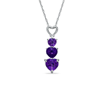 Heart-Shaped Amethyst and Natural Diamond Accent Three Heart Pendant in 10K White Gold