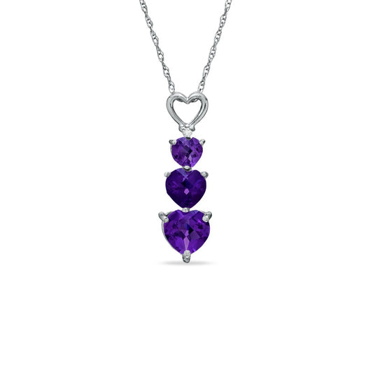 Heart-Shaped Amethyst and Natural Diamond Accent Three Heart Pendant in 10K White Gold